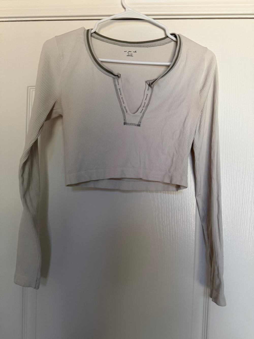 Urban Outfitters Ribbed Cropped Long-Sleeve Top in Light Beige with Olive Trim